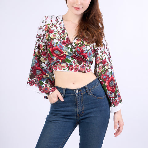 Flower Women Boho Wrap Top - Casual Shirt - White