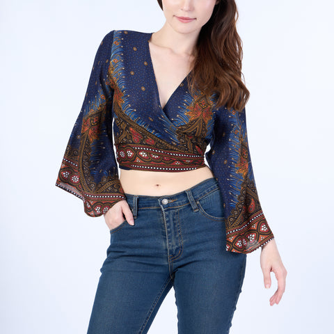 Peacock Women Boho Wrap Top - Casual Shirt - Dark Blue