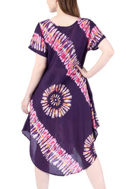Purple Printed Colorful Dress with Sleeves and Two Pockets