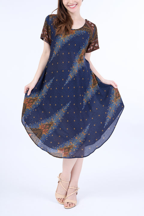 Dark Blue Peacock Fabric Dress with Sleeves and Two Pockets