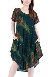 Green Peacock Fabric Dress with Sleeves and Two Pockets