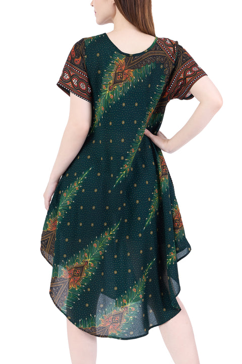 Green Peacock Fabric Dress with Sleeves and Two Pockets