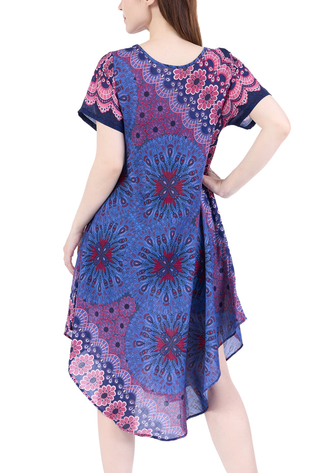 Dark Blue Flower Mandala Dress with Sleeves and Two Pockets