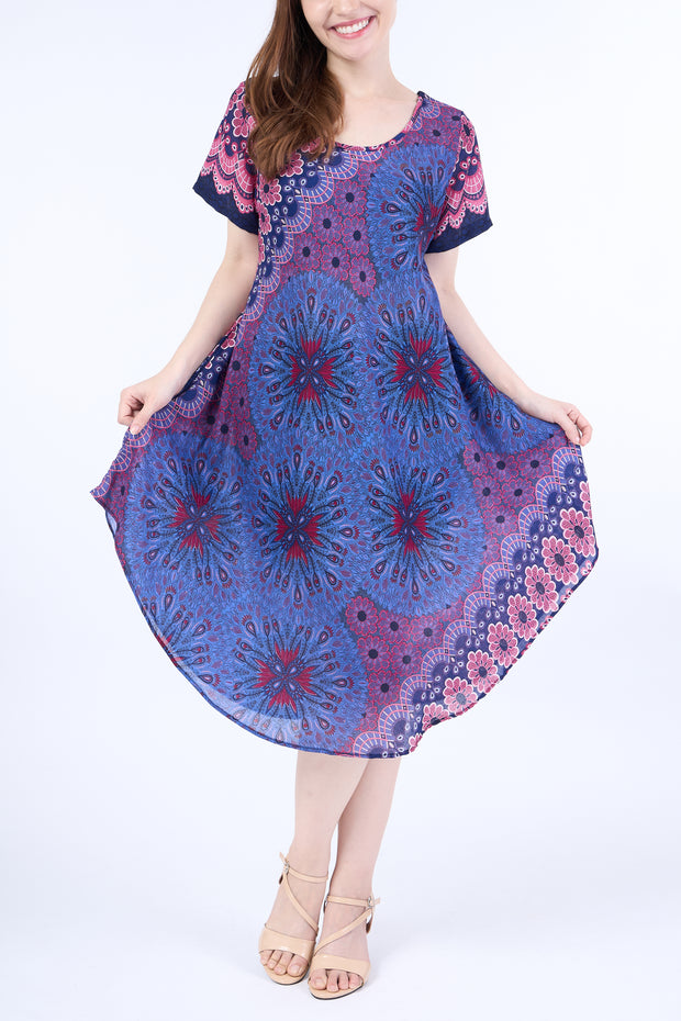 Dark Blue Flower Mandala Dress with Sleeves and Two Pockets