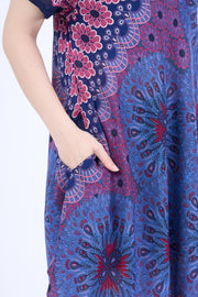 Dark Blue Flower Mandala Dress with Sleeves and Two Pockets