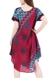 Burgundy Flower Mandala Dress with Sleeves and Two Pockets