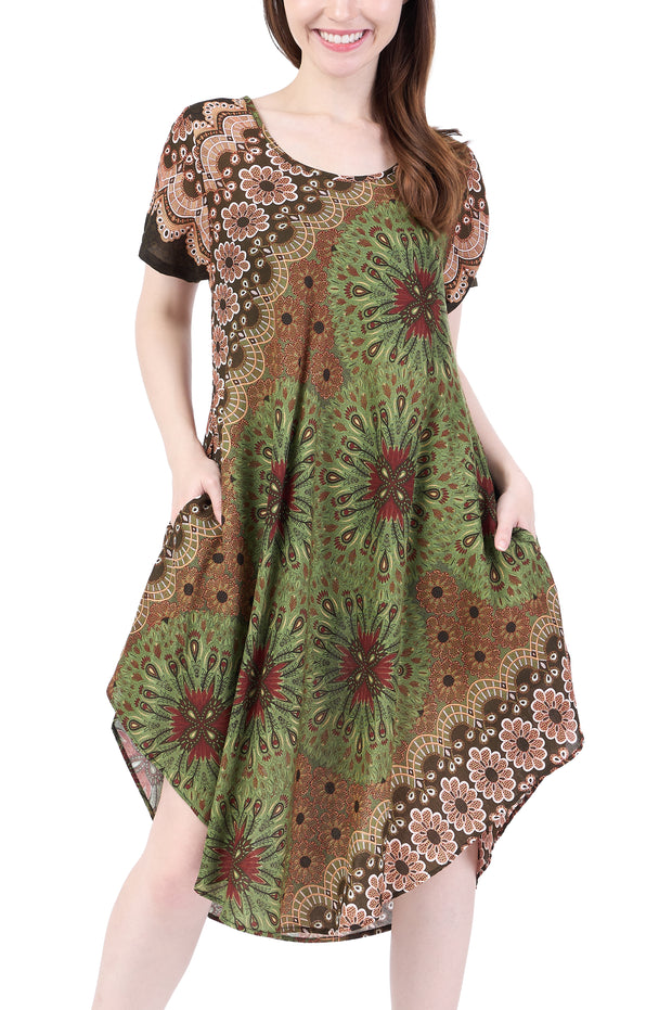 Green Flower Mandala Dress with Sleeves and Two Pockets