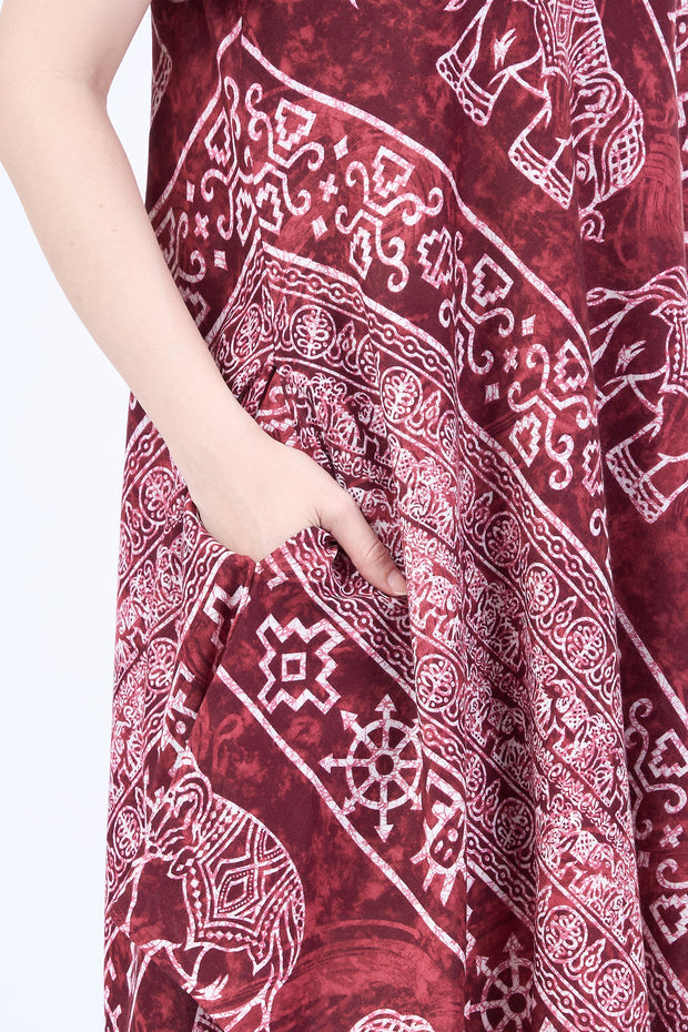 Burgundy Elephant Fabric Dress with Sleeves and Two Pockets