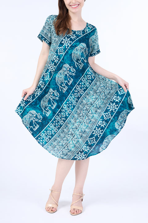 Teal Elephant Fabric Dress with Sleeves and Two Pockets