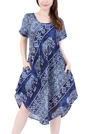 Dark Blue Elephant Fabric Dress with Sleeves and Two Pockets