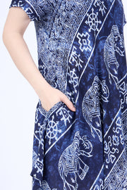 Dark Blue Elephant Fabric Dress with Sleeves and Two Pockets