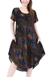 Black Flower Eye Dress with Sleeves and Two Pockets