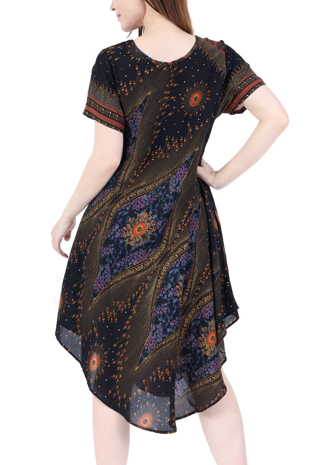 Black Flower Eye Dress with Sleeves and Two Pockets