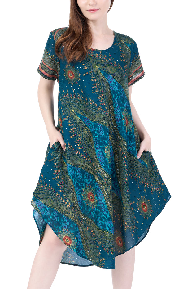 Teal Flower Eye Dress with Sleeves and Two Pockets