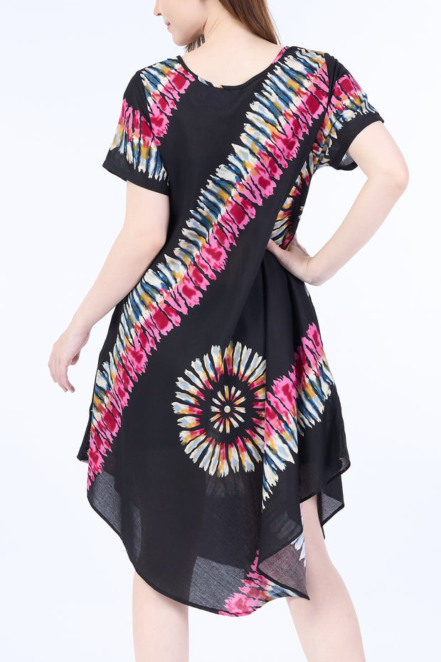 Black Printed Colorful Dress with Sleeves and Two Pockets