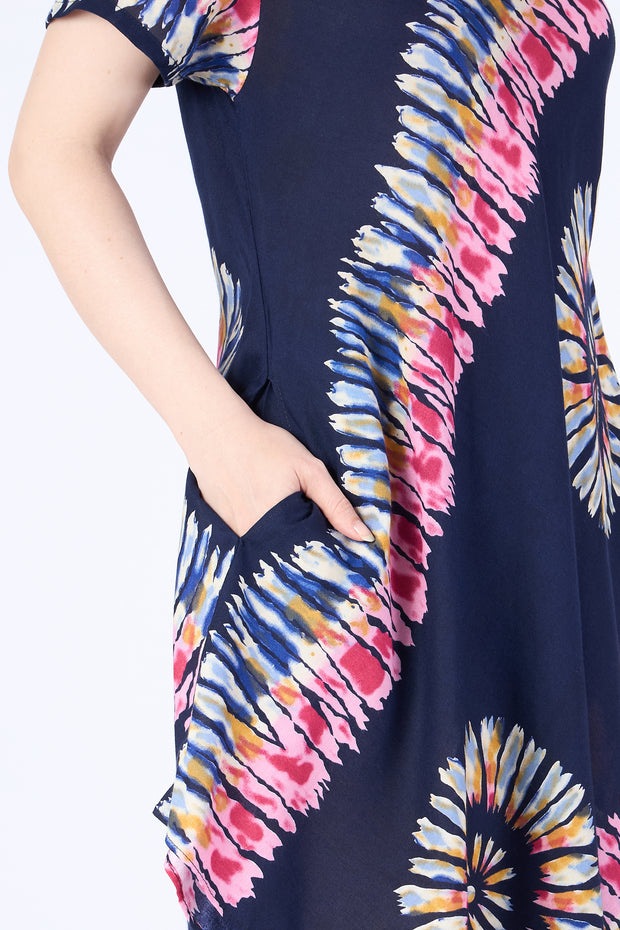 Dark Blue Printed Colorful Dress with Sleeves and Two Pockets