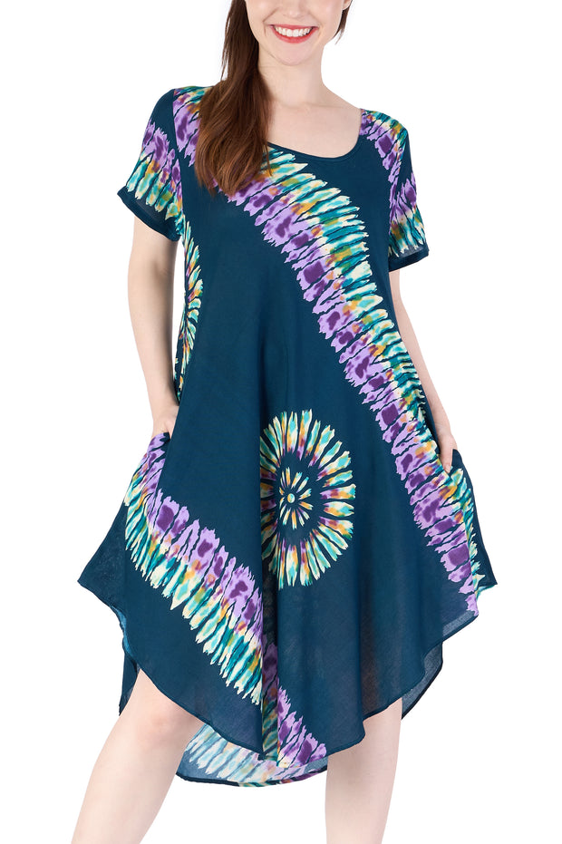 Teal Printed Colorful Dress with Sleeves and Two Pockets