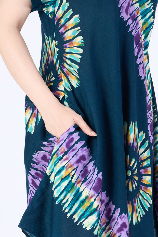 Teal Printed Colorful Dress with Sleeves and Two Pockets