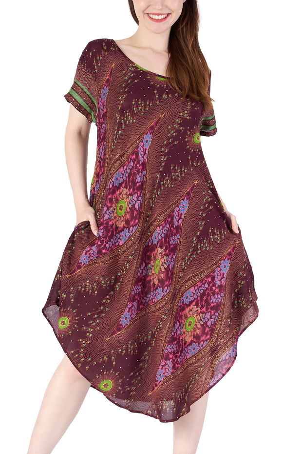 Burgundy Flower Eye Dress with Sleeves and Two Pockets