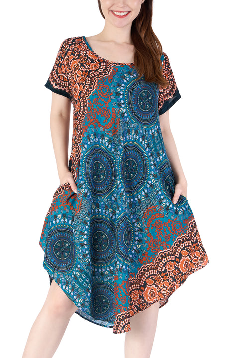 Teal Rose Circle Fabric Dress with Sleeves and Two Pockets