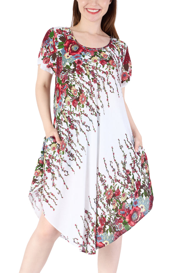 White Flower fabric Dress with Sleeves and Two Pockets