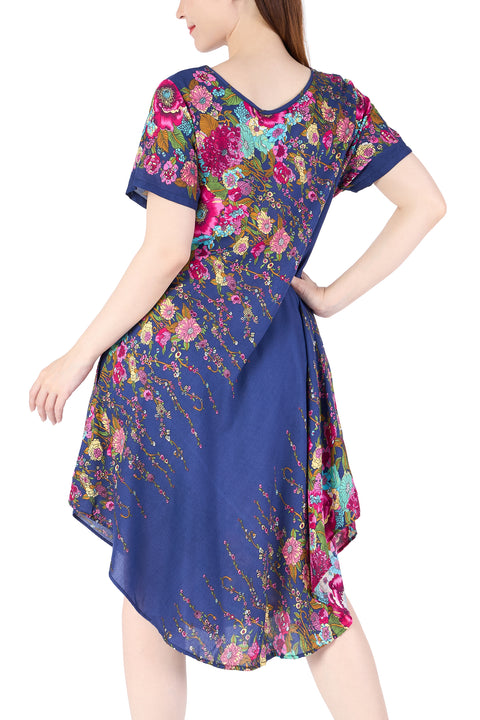 Dark Blue Flower fabric Dress with Sleeves and Two Pockets