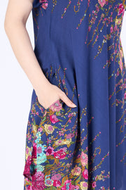 Dark Blue Flower fabric Dress with Sleeves and Two Pockets