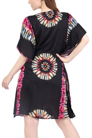 Rayon Boho Tops Dress Kimono - Black Printed Colorful