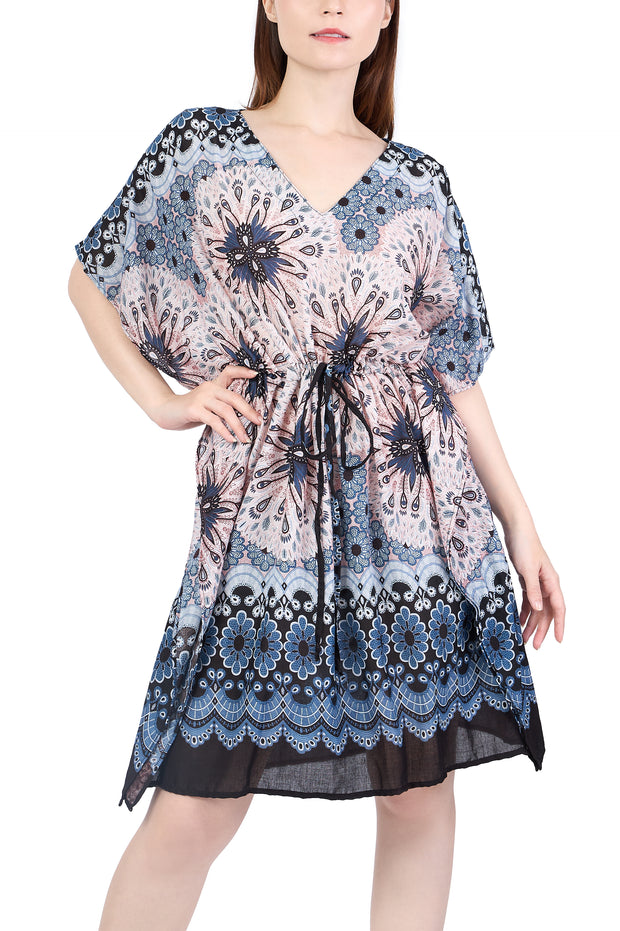 Rayon Boho Tops Dress Kimono - Black White Flower Mandala