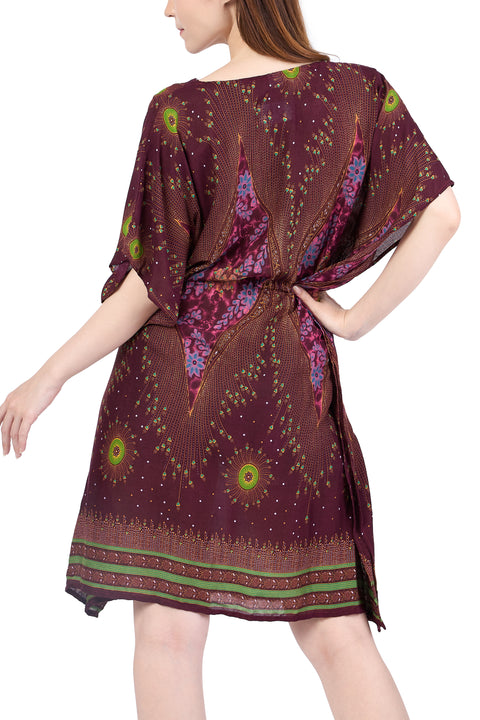 Rayon Boho Tops Dress Kimono - Burgundy Flower Eye