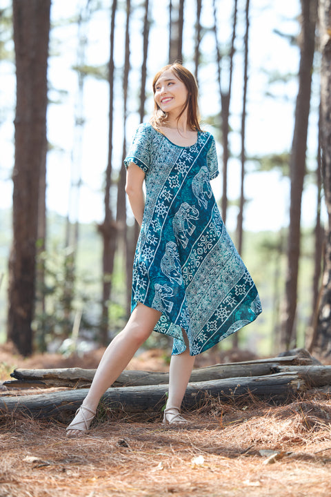 Teal Elephant Fabric Dress with Sleeves and Two Pockets