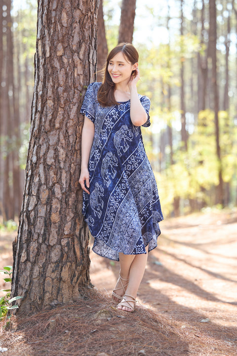 Dark Blue Elephant Fabric Dress with Sleeves and Two Pockets