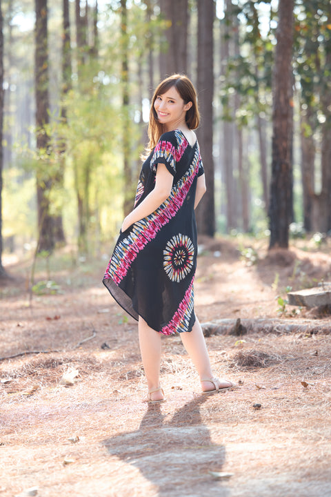 Black Printed Colorful Dress with Sleeves and Two Pockets