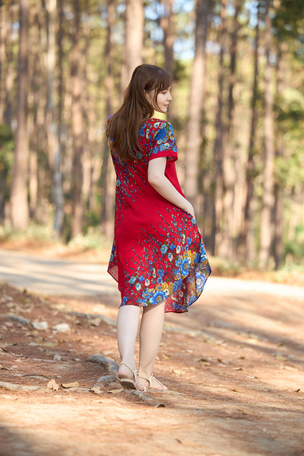 Red Flower fabric Dress with Sleeves and Two Pockets