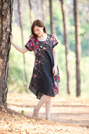 Black Flower fabric Dress with Sleeves and Two Pockets