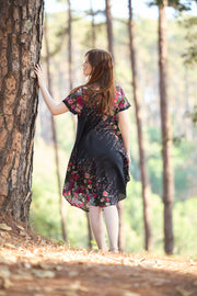 Black Flower fabric Dress with Sleeves and Two Pockets