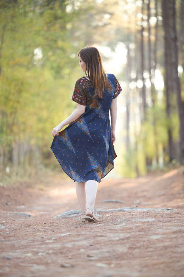 Dark Blue Peacock Fabric Dress with Sleeves and Two Pockets