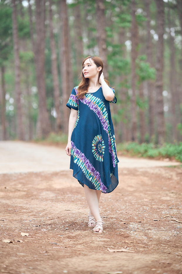 Teal Printed Colorful Dress with Sleeves and Two Pockets