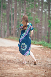 Teal Printed Colorful Dress with Sleeves and Two Pockets