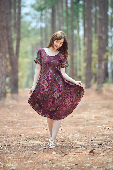 Burgundy Flower Eye Dress with Sleeves and Two Pockets