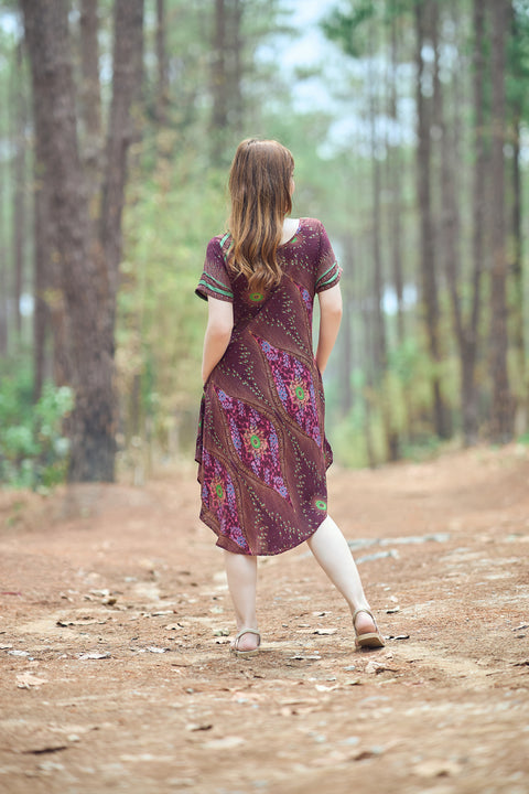 Burgundy Flower Eye Dress with Sleeves and Two Pockets