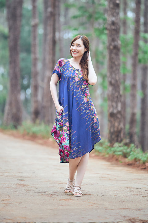 Dark Blue Flower fabric Dress with Sleeves and Two Pockets