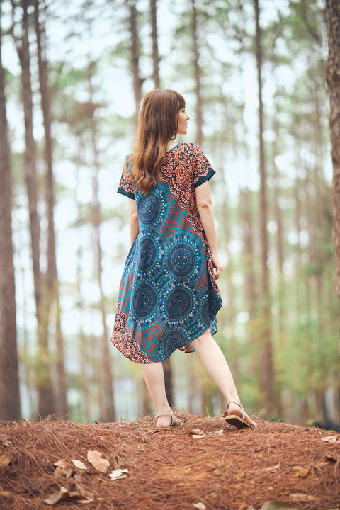 Teal Rose Circle Fabric Dress with Sleeves and Two Pockets