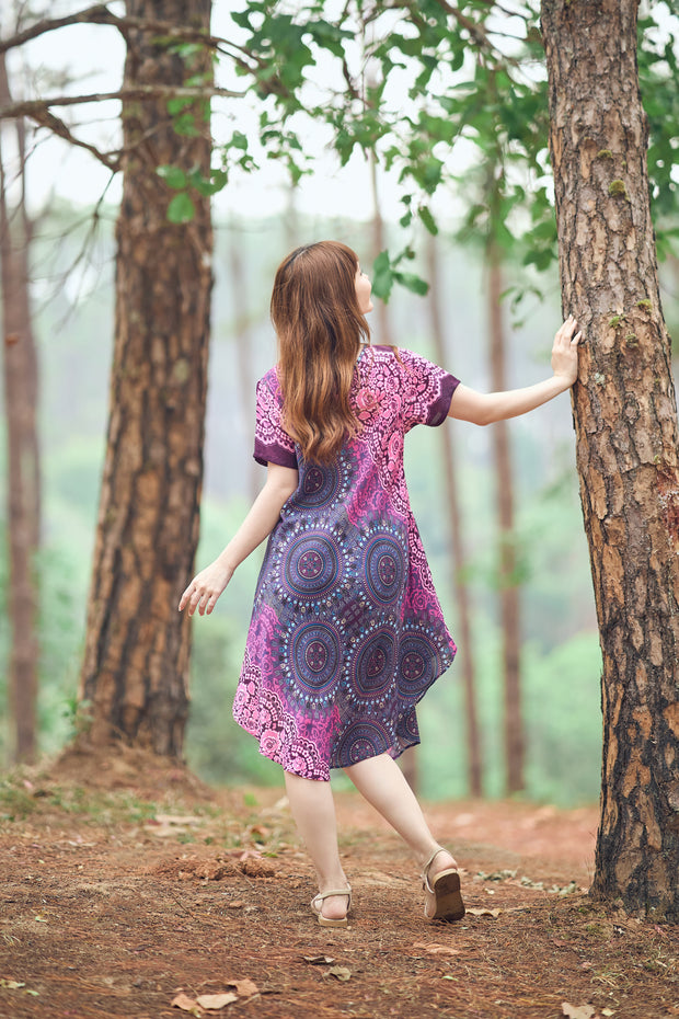 Purple Rose Circle Fabric Dress with Sleeves and Two Pockets