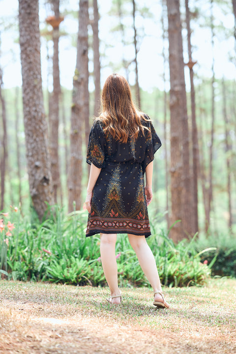 Rayon Boho Tops Dress Kimono - Black Peacock