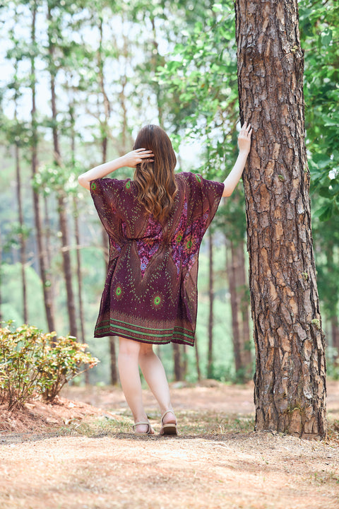 Rayon Boho Tops Dress Kimono - Burgundy Flower Eye